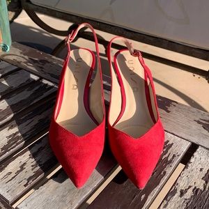 Red suede/patent leather Unisa sling back heels.